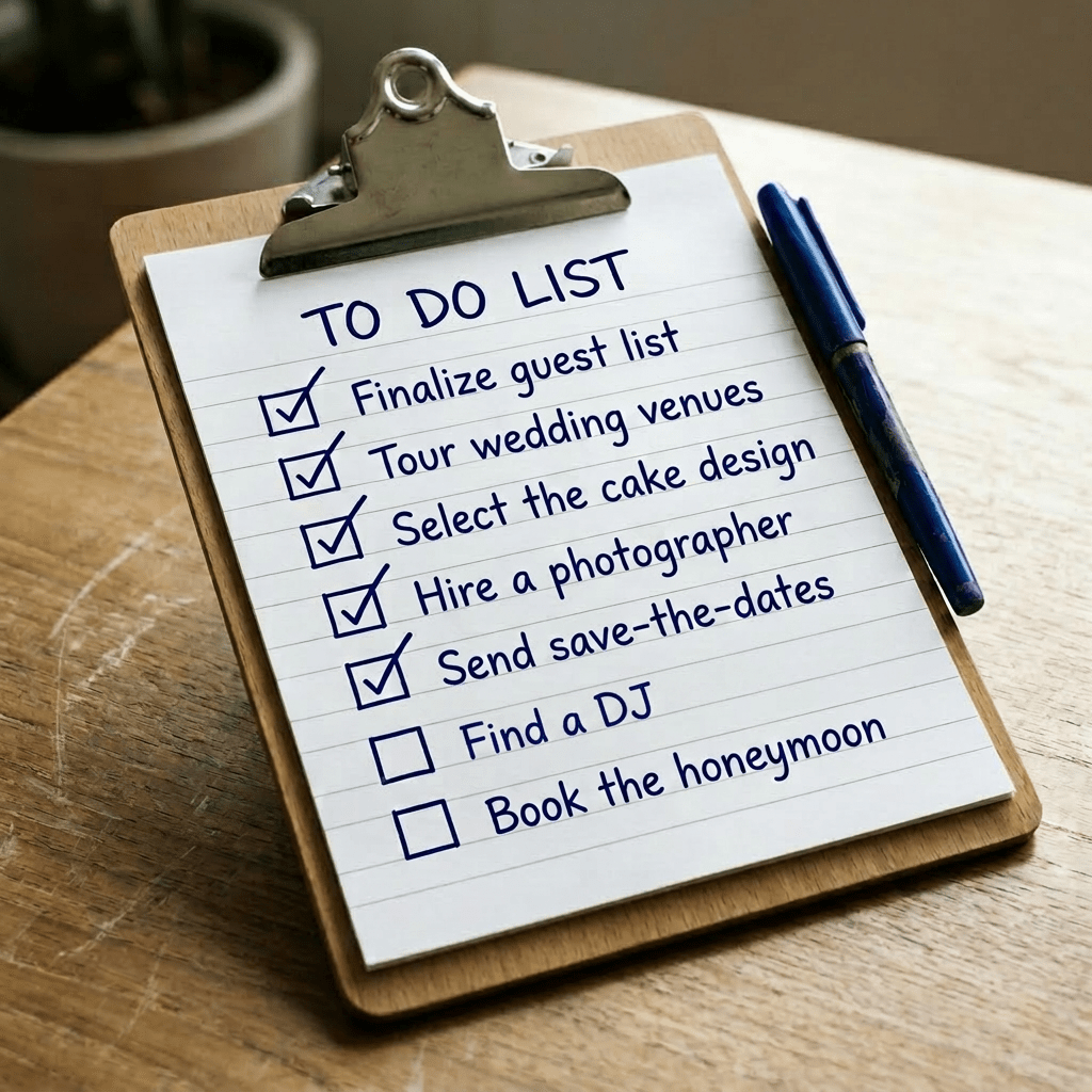 Handwritten to-do list with five tasks checked off and two unchecked