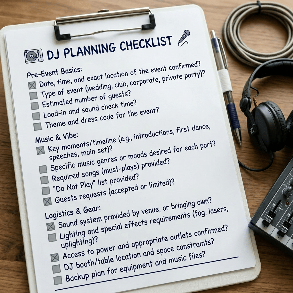 Checklist titled DJ Planning Checklist with pre-event, music, and logistics tasks