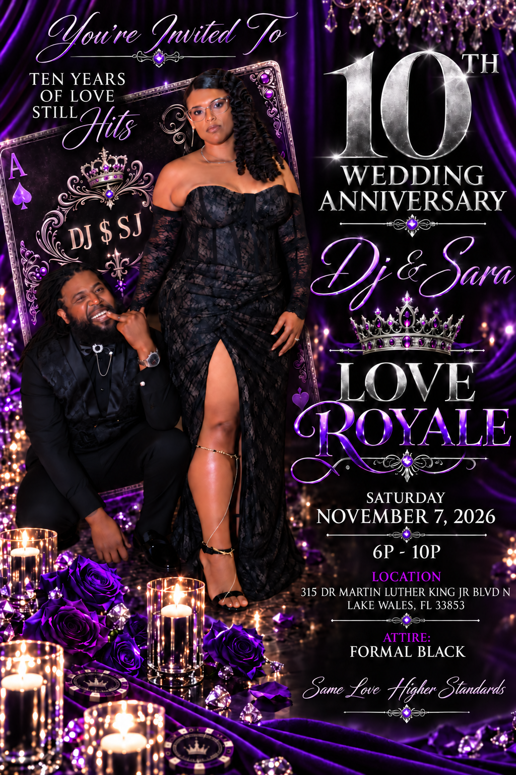 Sara and DJ Bush Love Royale 10th Anniversary Invitation